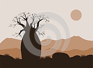 Baobab tree landscape with mountains background. Baobab silhouette. African sunrise