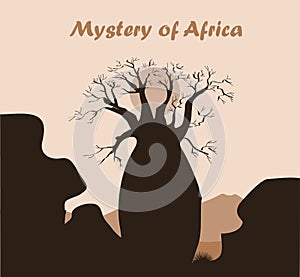 Baobab tree landscape with rock and mountains. Baobab silhouette. African mystery background