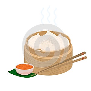 Baozi Mantou Momo. Asian traditional food dumplings in bamboo steamer