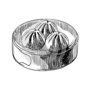 Baozi Mantou Momo Khinkali. Asian traditional food dumplings in bamboo steamer. Vector icon with chinese food steamed dumplings or