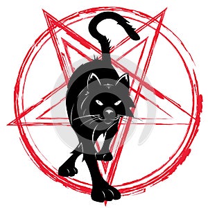 Baphomet star pentagram and black cat. photo