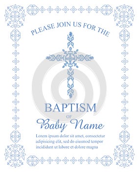 Baptism, Christening, First Communion, Confirmation Invitation Template with Ornate Cross and Border