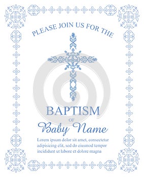 Baptism, Christening, First Communion, Confirmation Invitation Template with Ornate Cross and Border photo