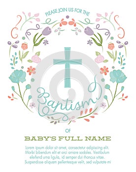 Baptism, Christening, First Holy Communion Invitation Template with Cross and Floral Border