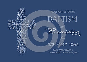 Baptism, Christening Invitation Template with Ornate Cross Design - Vector