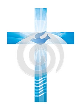 Baptism Christian cross with dove and waves of water on a blue background. Religious sign