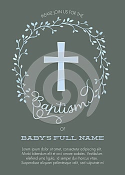 Baptism Invitation Template with Cross and Watercolor Floral Wreath - Vector photo