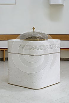 Baptismal font in the church of St. Paul in Retkovec, Zagreb, Croatia