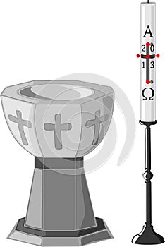 Baptismal font and paschal candle photo