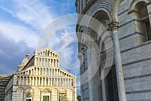Baptistery and Cathedral in the famous Pisa`s Cathedral Square, Square of Miracles Piazza dei Miracoli