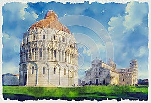 Baptistery, Duomo Cathedral and Leaning Tower in Pisa, Italy.