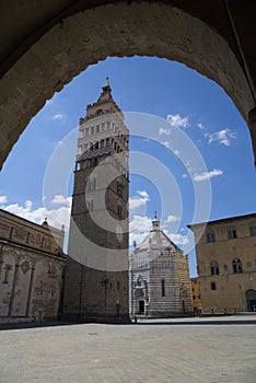 Baptistery of san giovanni in corte and bell tower, pistoia, tuscany, italy, europe