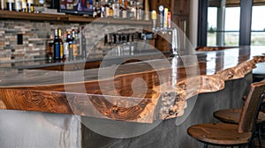The bar area of a bat rec room features a concrete countertop with a live edge wooden bar top attached to it. This