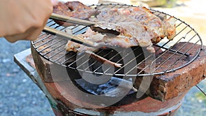 Bar-B-Q or BBQ with kebab cooking coal grill