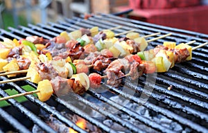 Bar-B-Q or BBQ with kebab cooking. coal grill of c