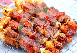 Bar-B-Q or BBQ with kebab cooking.