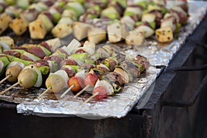 Bar-B-Q or BBQ with kebab cooking. Coal grill of pork skewers wi