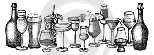 Bar banner or menu design with hand-sketched glasses and bottles. Vector sketches of alcoholic drinks and cocktails. Popular