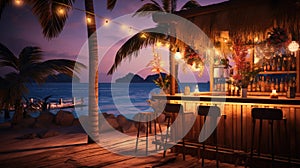 Bar on the beach at sunset, party, view from the bar to the beach and Palms. Cozy atmosphere, mocap