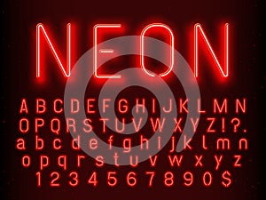 Bar or Casino glowing sign elements. Red neon letters and numbers with fluorescent light vector illustration photo
