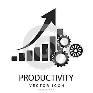 A bar chart with gear, increase productivity line vector icon