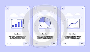 Bar chart pie chart line chart onboarding screen for mobile apps template banner page UI with three variations modern