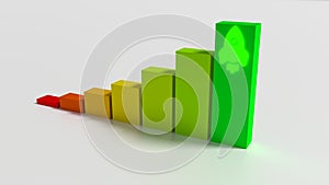 Bar chart on white with a glowing rocket starting from the highest green chart