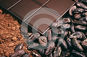 Bar of chocolate, cocoa beans , cocoa powder