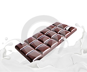 Bar of chocolate drowning in milk splashes on white background