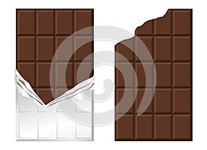 Bar of chocolate in a torn shiny wrapper.