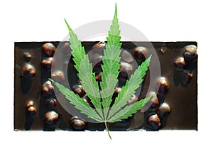 Bar of chocolate with whole nuts containing CBD with green leaf of cannabis on white isolated background. Chocolate Edibles CBD