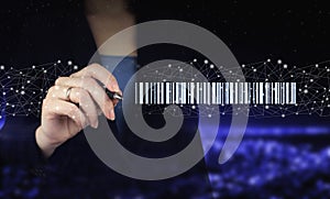 Bar Code Price Tag Merchandise Concept. Hand holding digital graphic pen and drawing digital hologram Bar Code Price Tag sign on