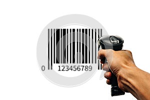 Bar code. Retail label barcode scan. Reader laser scanner for warehouse holding hand. Product code data concept.