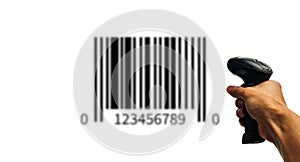 Bar code. Retail label barcode scan. Reader laser scanner for warehouse holding hand. Product code data concept.