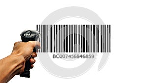 Bar code. Retail label barcode scan. Reader laser scanner for warehouse holding hand. Product code data concept.