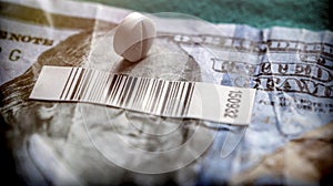 Bar code and a white pill on a ticket of dollar