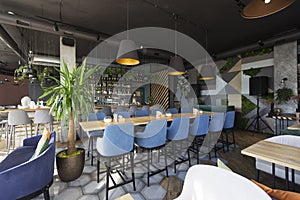 Bar counter with alcohol bottles assortment, Barroom in restaurant