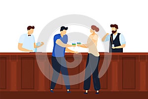 Bar counter, alcohol drink party, girl holding hand cocktail glass, people bartender, design, flat style vector