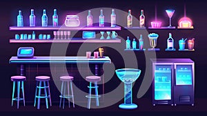 Bar counter interior modern cartoon set. High stool cocktail table, refrigerator, air conditioning and glasses for photo