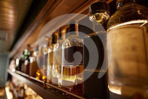 Bar counter with many bottles of alcoholic drinks assortment