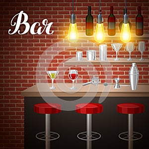 Bar counter in pub or night club. Illustration of interior with accessories, beverages and cocktails