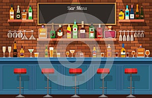 Bar counter. Pub or nightclub interior with table and chairs. Bottles and glasses with alcoholic drinks. Flat alcohol