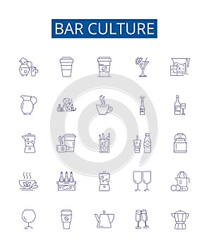 Bar culture line icons signs set. Design collection of Bar, Culture, Alcohol, Drinks, Music, Friends, Pub, Beer outline