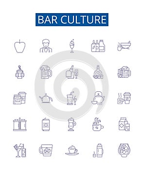 Bar culture line icons signs set. Design collection of Bar, Culture, Alcohol, Drinks, Music, Friends, Pub, Beer outline