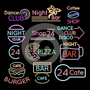 Bar, dance club cafe neon signs isolated on black background