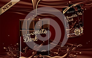 Mockup advertising chocolate. A bar of dark chocolate in a torn package and two more chocolates on the background of the texture