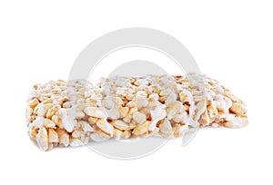 Bar of delicious rice crispy treat isolated on white