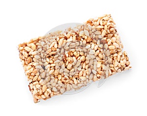 Bar of delicious rice crispy treat isolated on white, top view