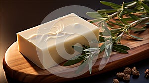 a bar of dry olive soap on a wooden board with an olive branch.