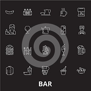 Bar editable line icons vector set on black background. Bar white outline illustrations, signs, symbols